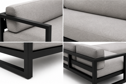 Modern Londa outdoor sofa with a black metal frame and neutral cushions