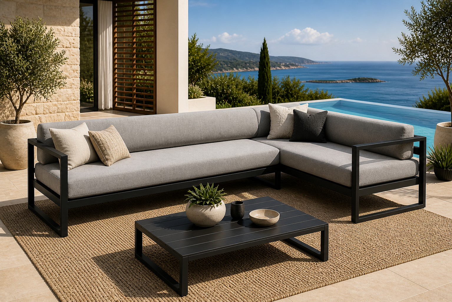Modern Londa outdoor sofa with a black metal frame and neutral cushions