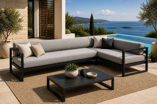 Modern Londa outdoor sofa with a black metal frame and neutral cushions