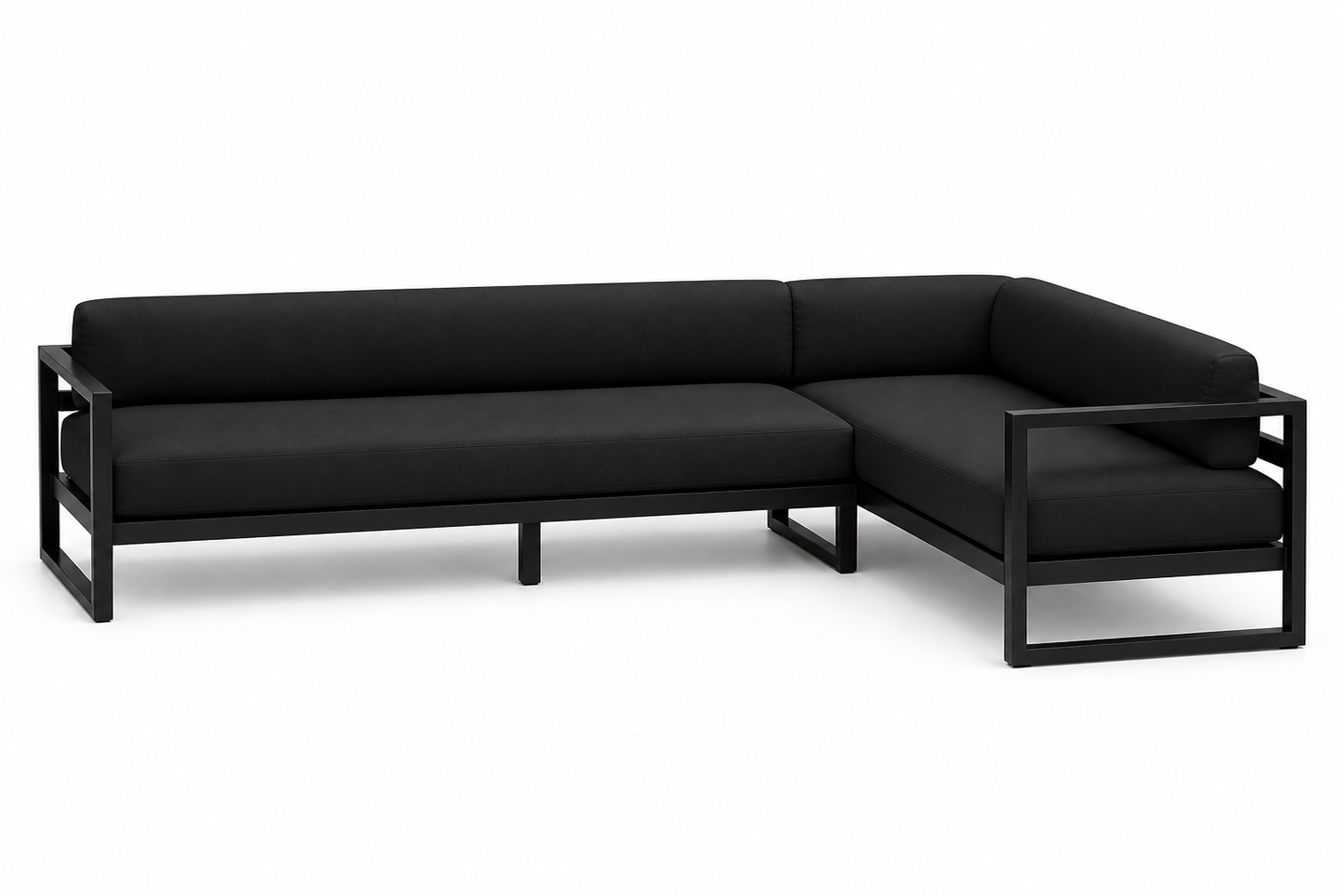 Artisanal outdoor sofa featuring clean architectural lines and plush seating