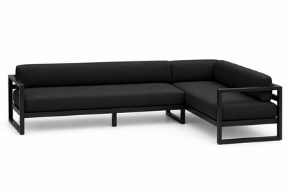 Artisanal outdoor sofa featuring clean architectural lines and plush seating
