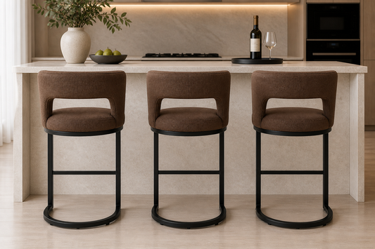 Modern Litha bar chair in premium mocha fabric with a black metal frame