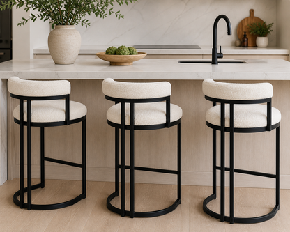 Modern Lindo bar chair with a rounded silhouette and cream bouclé upholstery