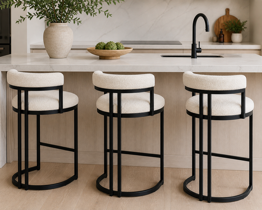 Modern Lindo bar chair with a rounded silhouette and cream bouclé upholstery