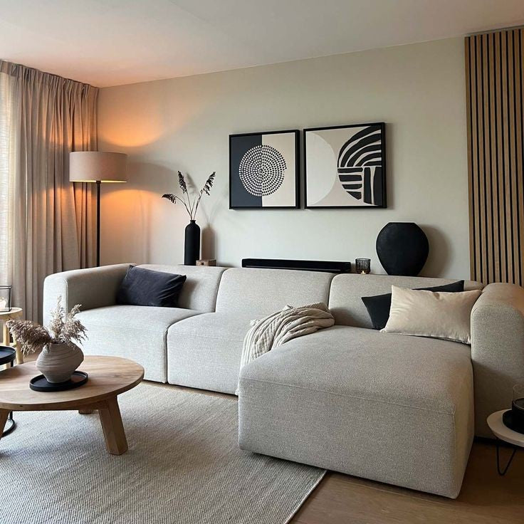 Modern Mihla couch featuring a unique slanted back design and premium fabric