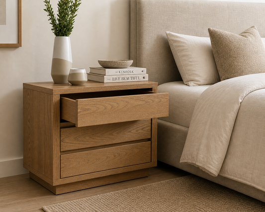 Modern Tabs pedestal with a natural wood grain finish and three drawers