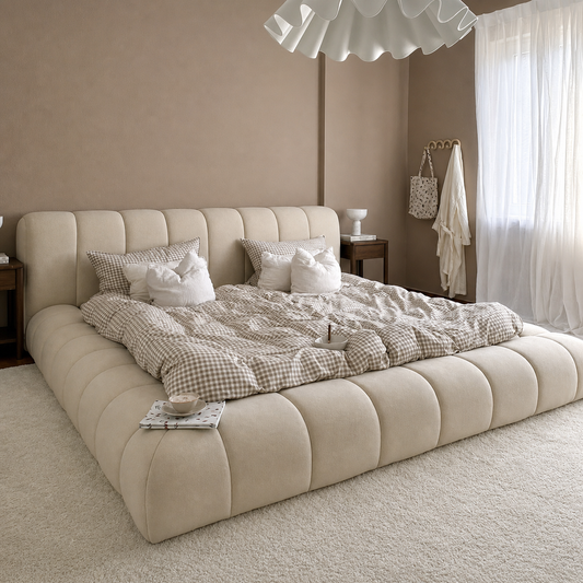 Modern Teamo upholstered headboard and base with vertical paneling