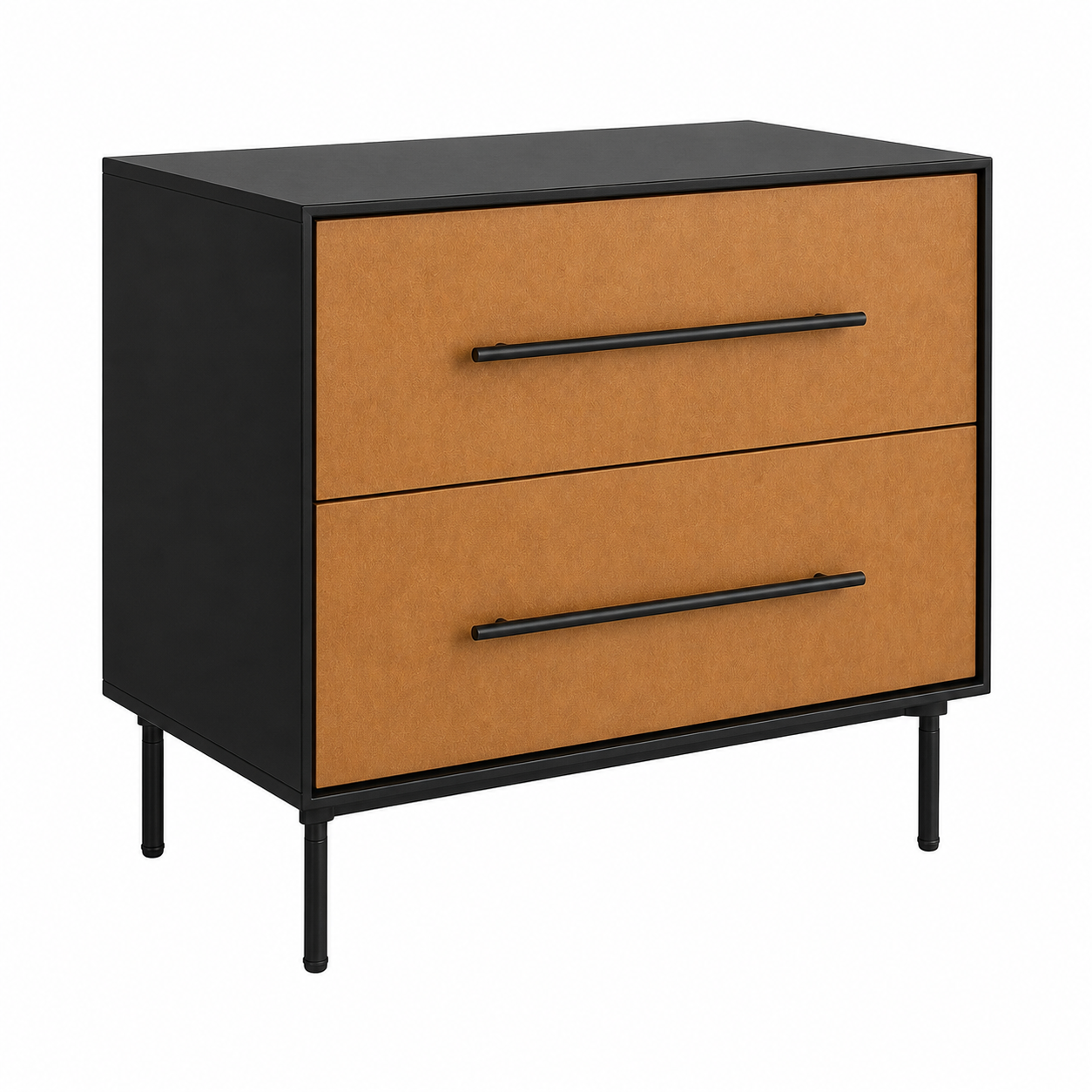 Artisanal 2-drawer bedside table in a minimalist bedroom setting